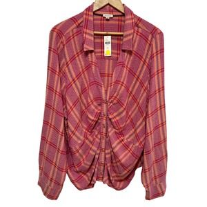 Anthropologie Pilcro Ruched Deep V Plaid Blouse Womens Plus 3X Button Front NEW